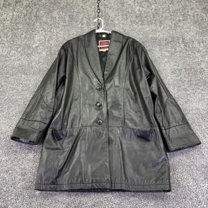 Lisa Loren Coat Womens Small Black Leather Button Front Midlength Lined Overcoat